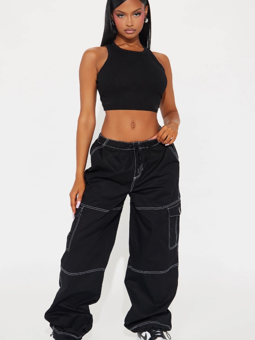 Fashion Nova Harlow Parachute Pants Black White Contrast Stitching